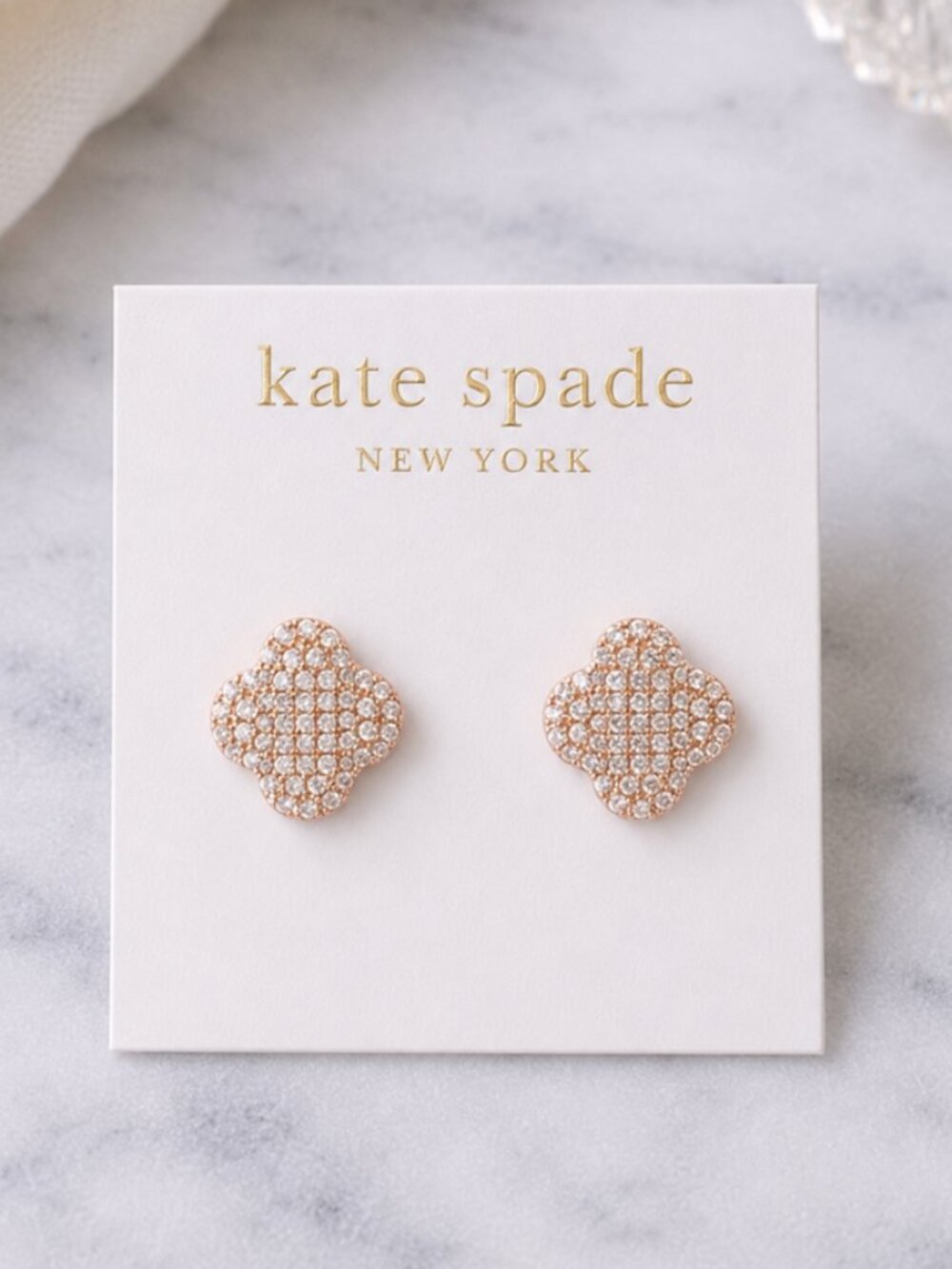 Kate Spade Crystal Clover Stud Earrings Gold Tone Pave Four Leaf Clover Earrings